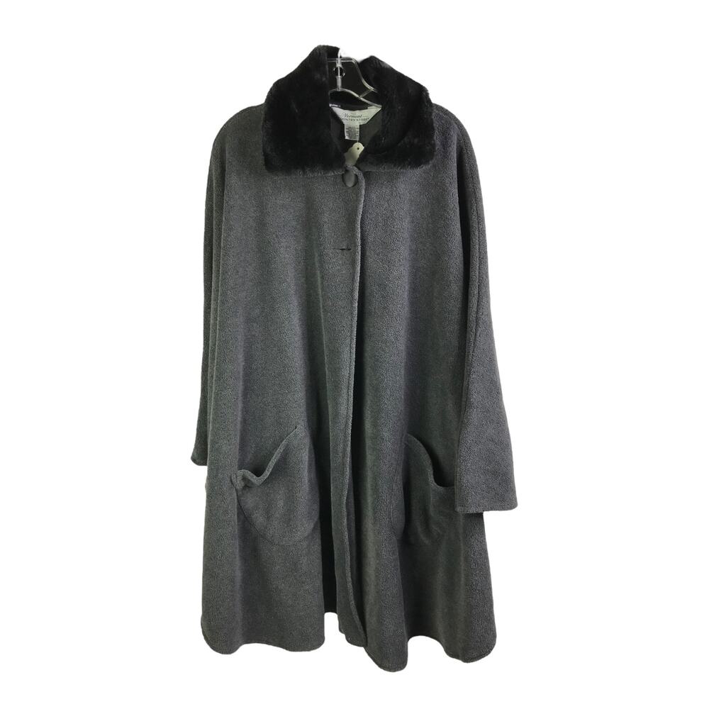 The Vermont Country Store Poncho‎ Womens OS Heather Gray Fleece Faux Fur Collar